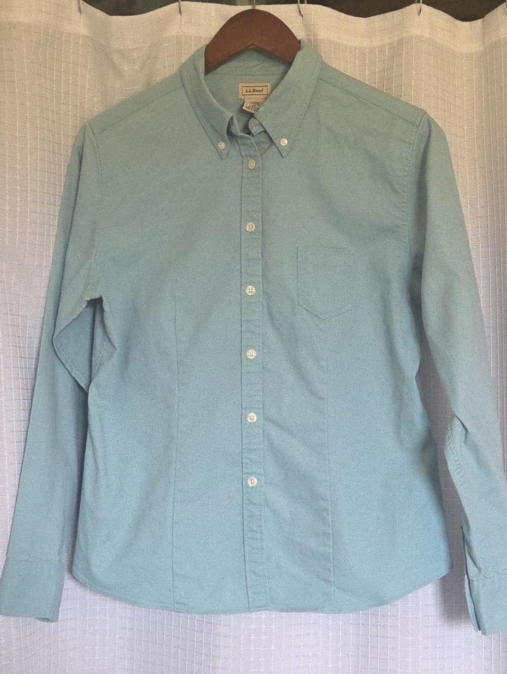 LL Bean Coolmax Shirt Button Down Tailored Womens M Cotton Stretch Blue Green